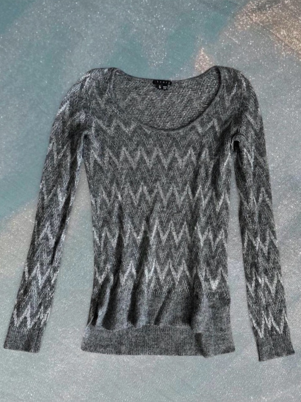 Theory Alpaca Wool Blend Sheer Knit Sweater Gray Silver Chevron Zig Zag Airy